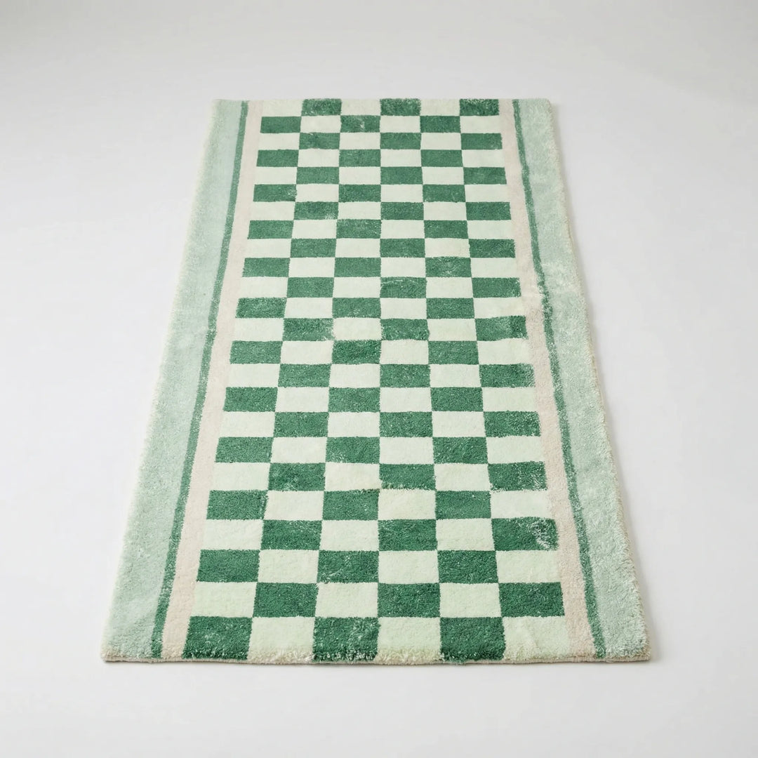 Flowique statement area rug: vintage checkerboard pattern & waves. High-traffic runner for modern home decor.