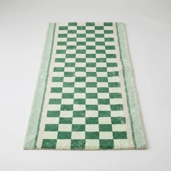 Flowique statement area rug: vintage checkerboard pattern & waves. High-traffic runner for modern home decor.