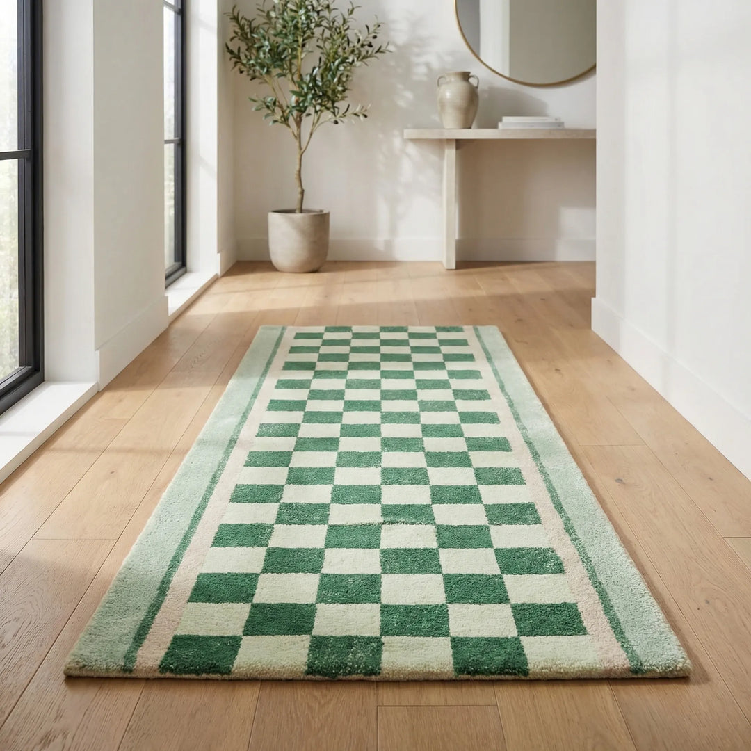 Green checkerboard runner rug with a vintage wave pattern. High-traffic, non-slip floor covering for home decor.