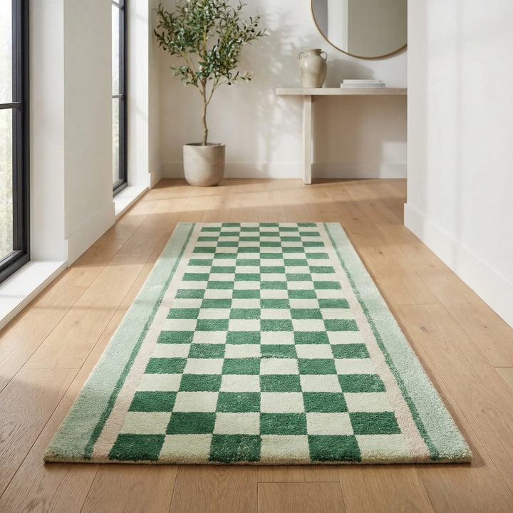 Green checkerboard runner rug with a vintage wave pattern. High-traffic, non-slip floor covering for home decor.