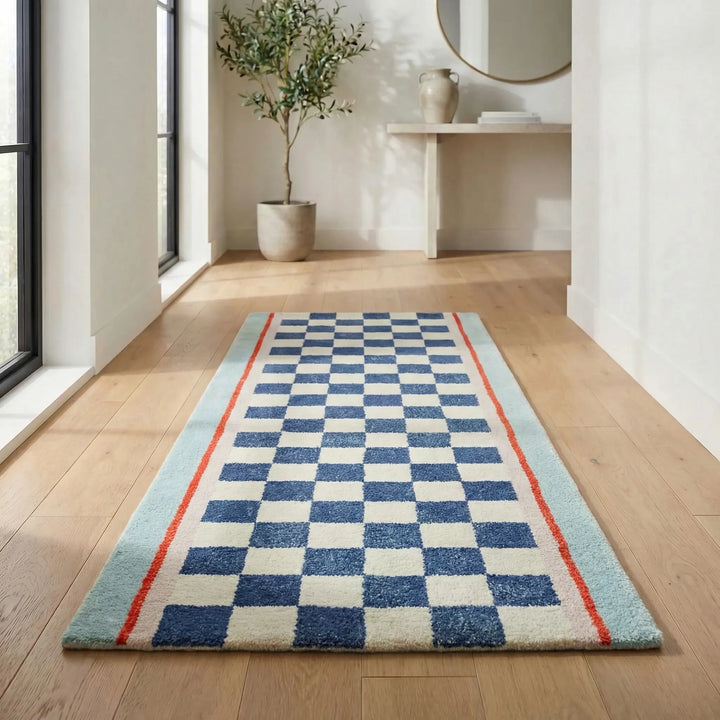 Stylish vintage checkerboard area rug featuring Flowique wave design. Perfect high-traffic runner for any hallway.