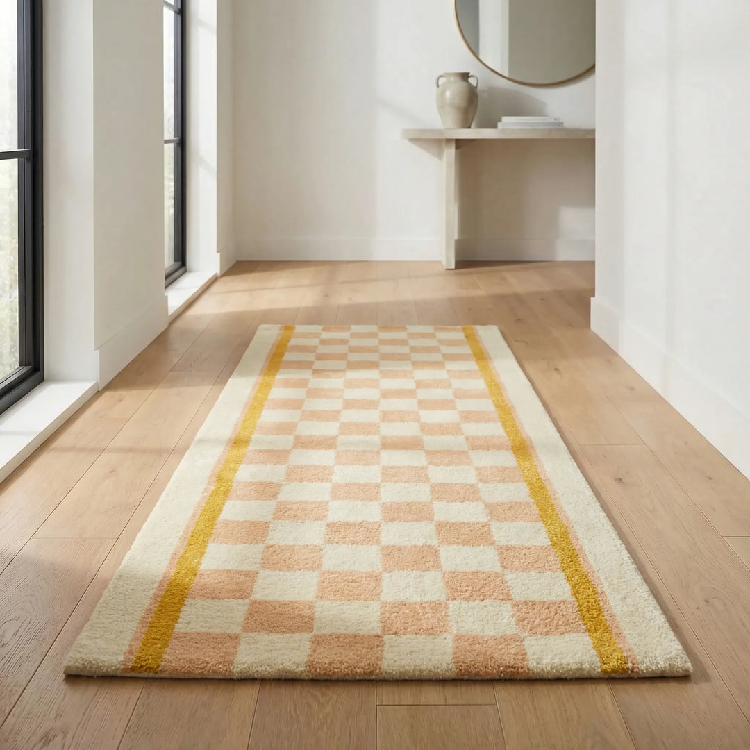 Decorative blue checkerboard runner rug with wavy vintage design. Non-slip, high-traffic floor covering for kitchens.