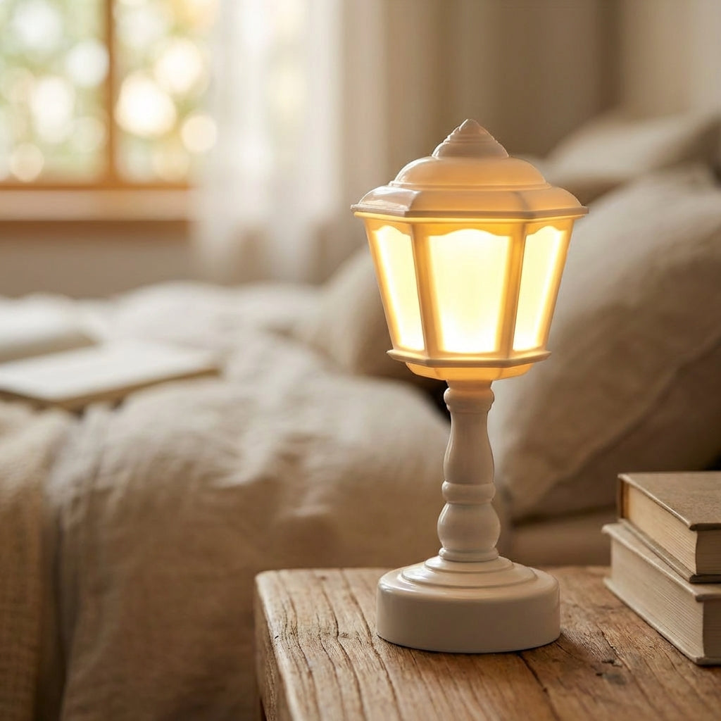 Vintage mini lantern LED table lamp, Vintalette for cozy ambiance and retro decor, battery operated.