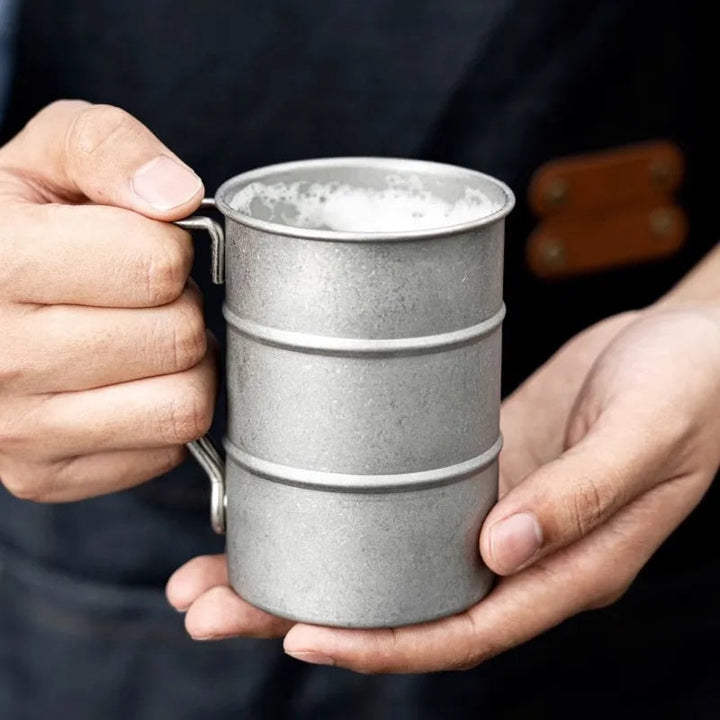 Classic vintage steel enamel mug, 13oz, for hot tea. A durable, rustic kitchen essential & travel mug.