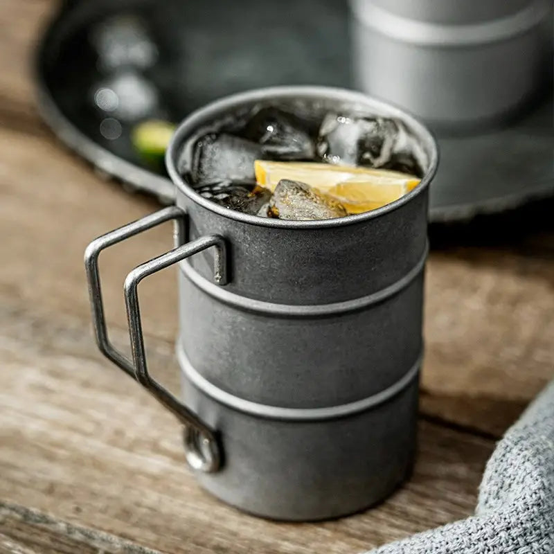 Rustic 13oz vintage steel enamel coffee mug. Durable drinkware, great for camping and outdoor adventures.