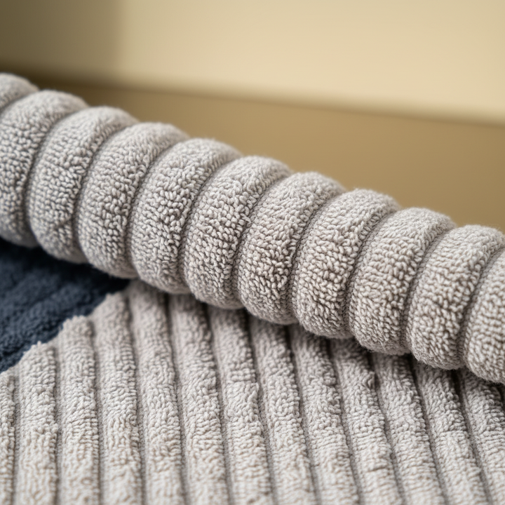 Stack of folded vintage striped kitchen towels, perfect for retro kitchen decor