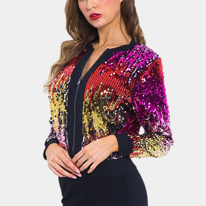Violet shimmering sequin cropped jacket for women, perfect for glamorous party wear and evening fashion.