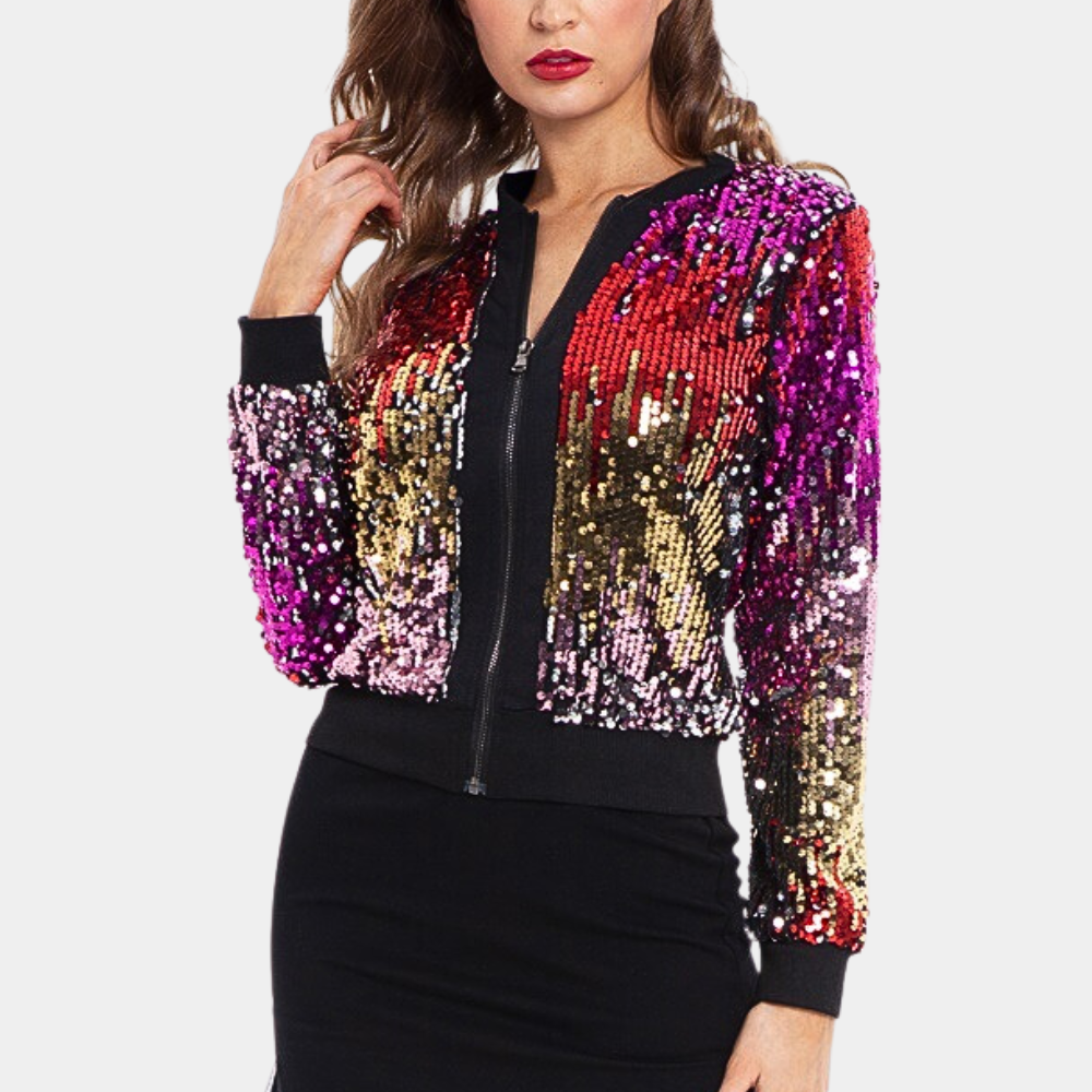 Stylish women's cropped sequin jacket in violet. A sparkling statement piece for parties and nightlife.