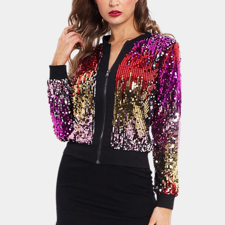 Stylish women's cropped sequin jacket in violet. A sparkling statement piece for parties and nightlife.