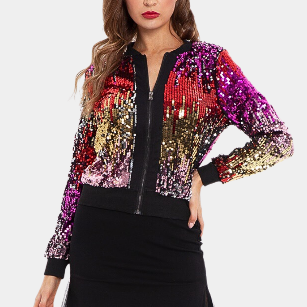 Trendy violet sequin cropped jacket for women. Glamorous party wear with a dazzling sparkle, perfect for evenings.