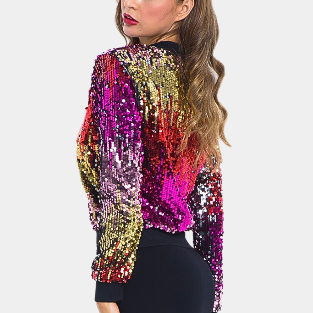 Women's violet sequin cropped jacket with shimmering sparkle. Ideal for party wear, a stylish and glamorous statement.