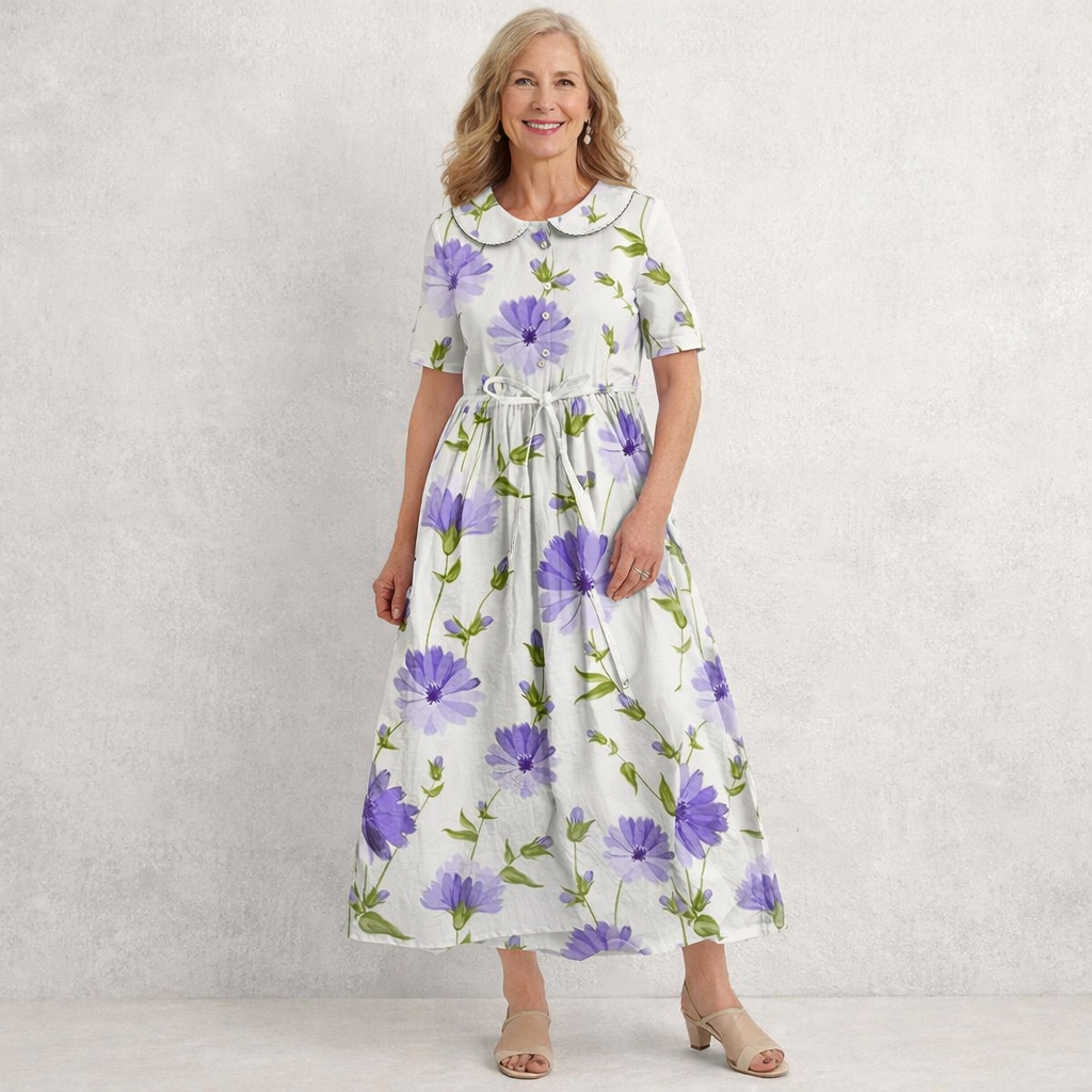 Violet vintage floral maxi dress with Peter Pan collar & tie waist for elegant summer style.