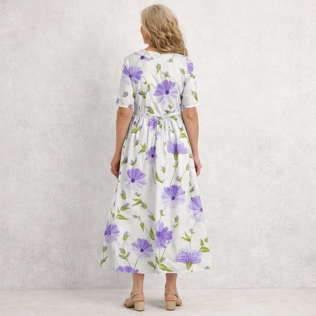 Women's elegant violet maxi dress featuring a vintage floral print, Peter Pan collar & tie waist.