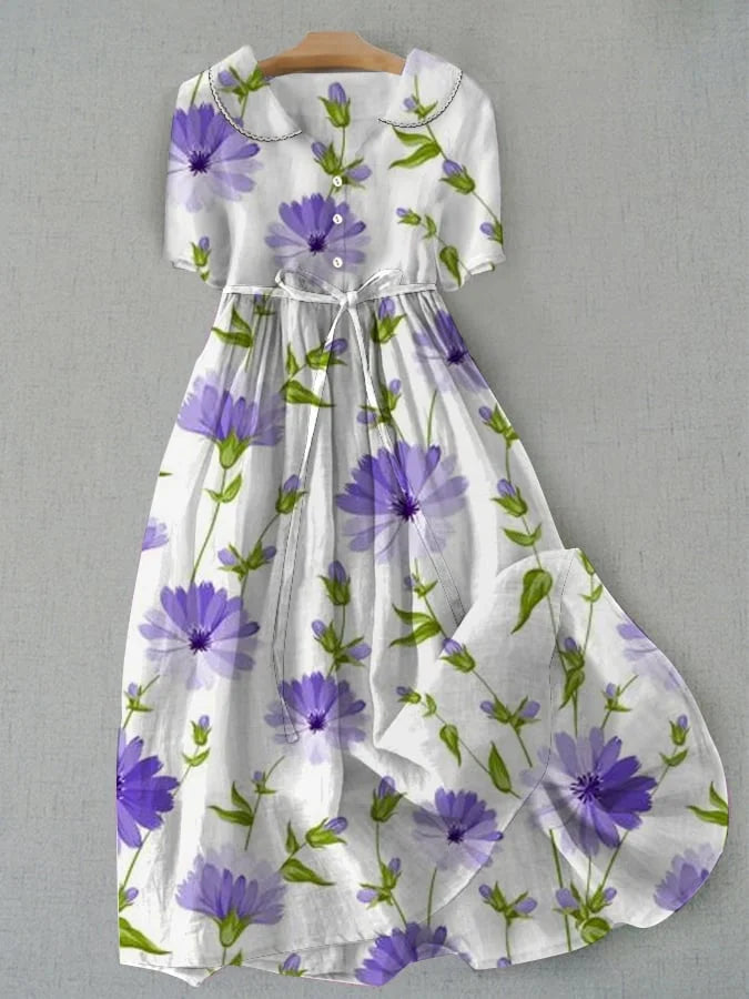 Casual chic violet floral maxi dress for women, with a classic vintage style and tie-waist detail.