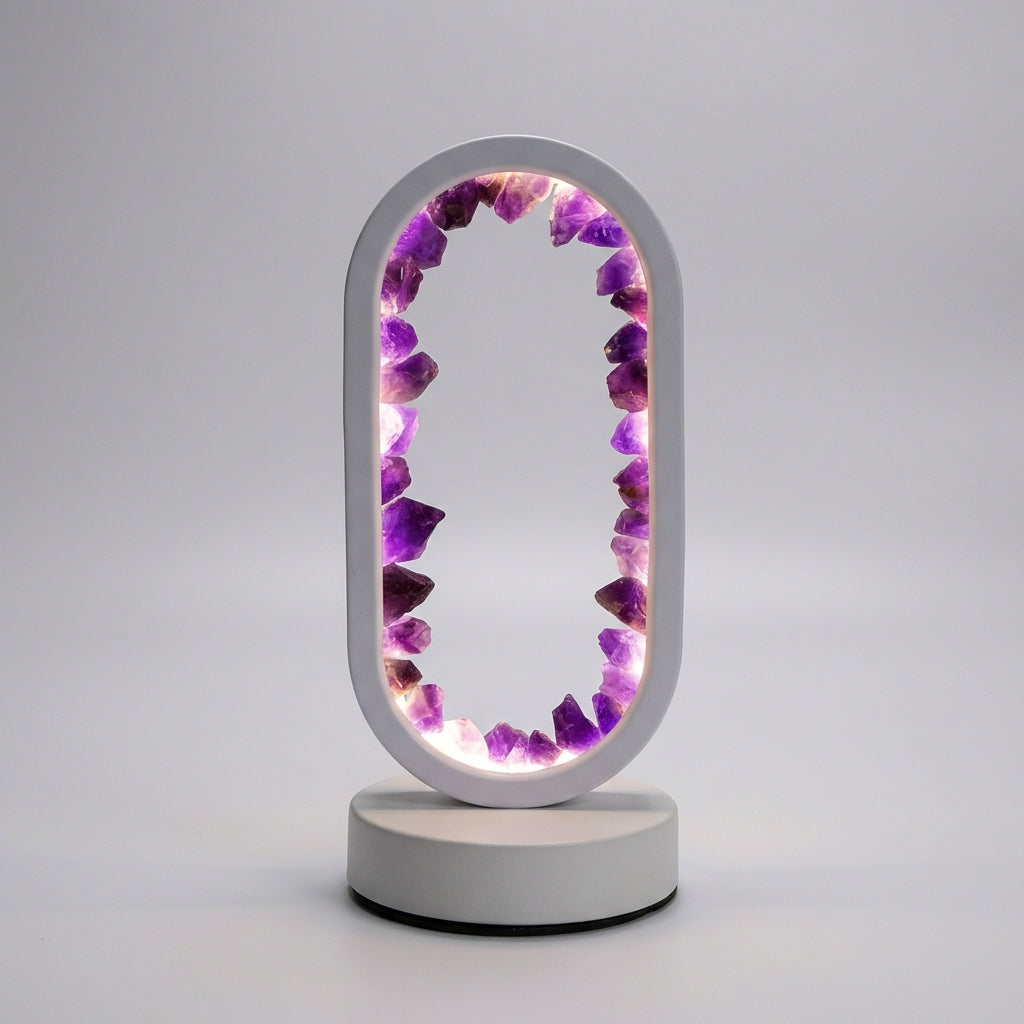 Amethyst and celestite crystal lamp, perfect for a peaceful ambiance