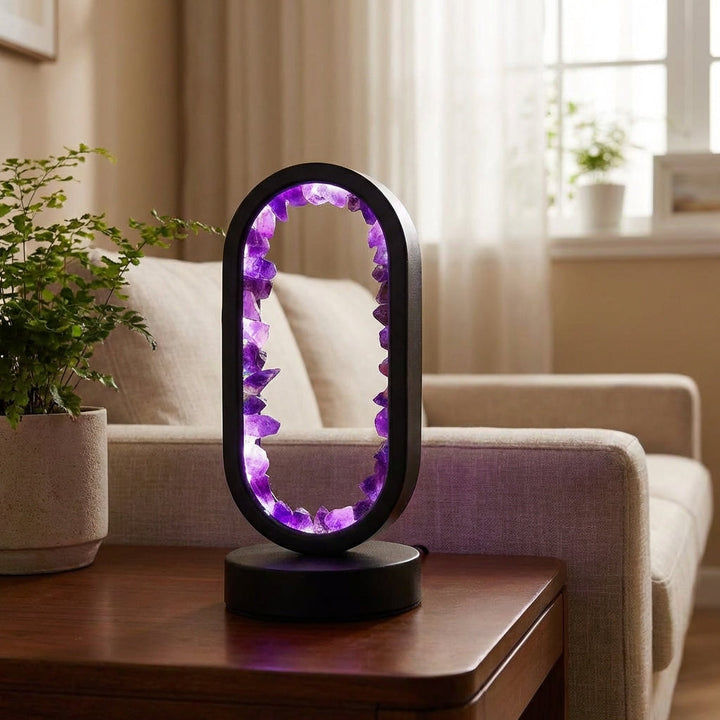 Violetis Wellness Crystal Table Lamp with amethyst and celestite for relaxation and clarity.