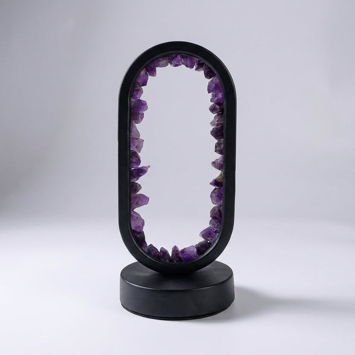 Violetis amethyst and celestite lamp, a unique crystal lamp designed for enhanced relaxation and clarity.