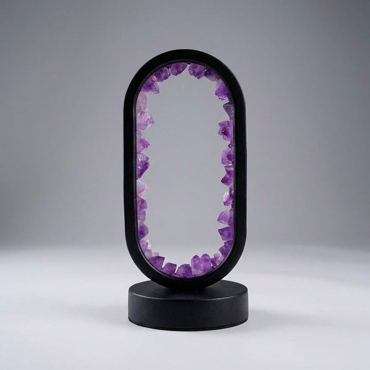 Aesthetic crystal lamp, Violetis, featuring genuine amethyst and celestite for mind and body wellness.