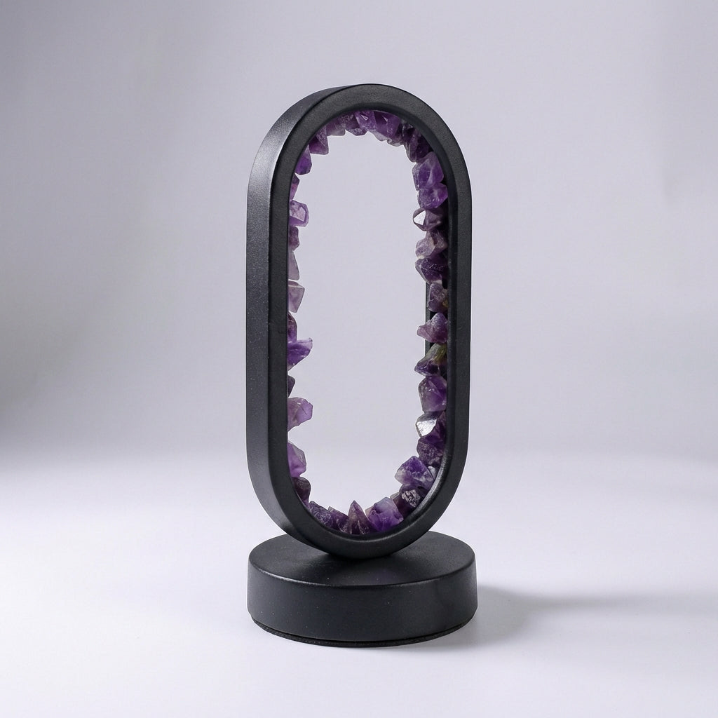 Meditative Violetis Crystal Lamp with glowing amethyst and celestite, perfect for creating a calm space.