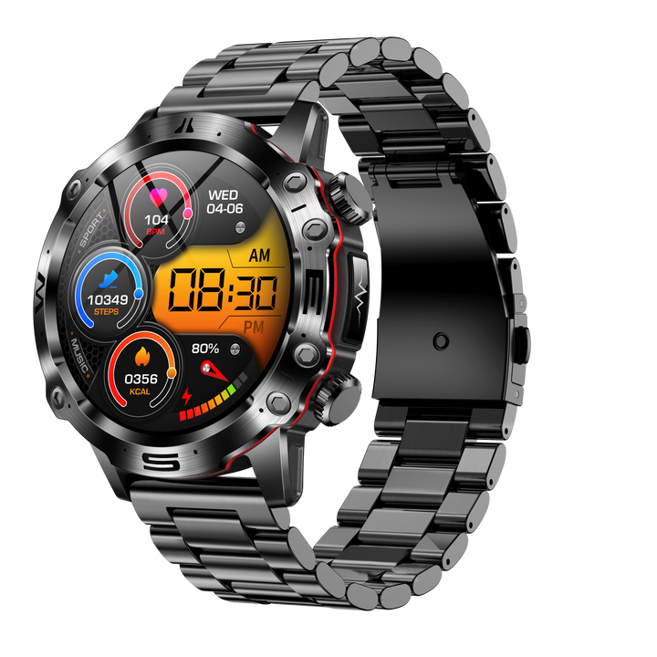 VitalTrack Smartwatch displaying daily steps, calories burned, & heart rate on a clear screen. Fitness watch.