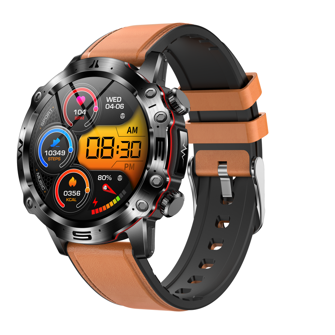 Athlete tracking performance with VitalTrack Smartwatch during a run; heart monitor & sport watch functionality.