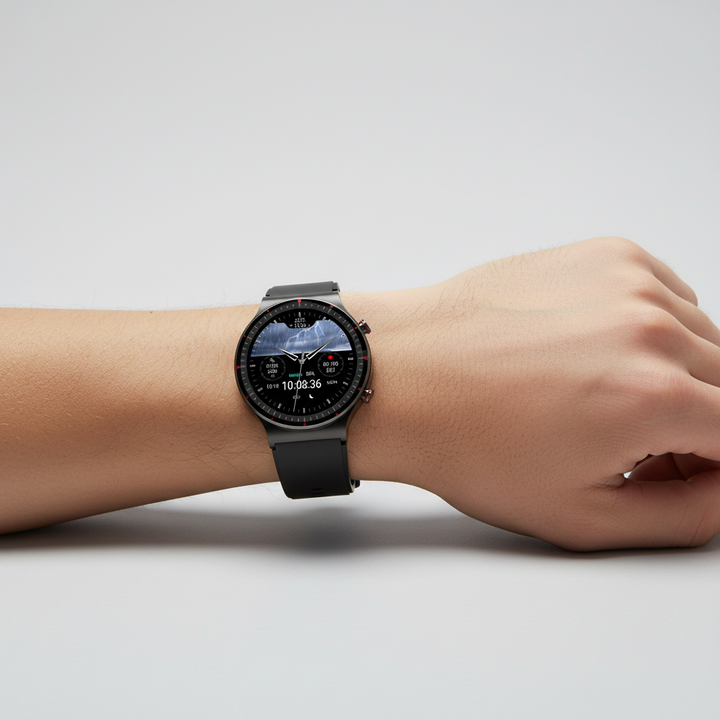 VitalWatch wearable tech, round smartwatch with medical sensors for comprehensive health monitoring