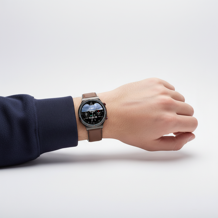 Round VitalWatch smartwatch displaying health metrics: heart rate, SpO2, and sleep patterns