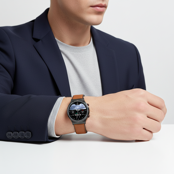 Wearable tech VitalWatch, sleek round design with medical sensors for accurate health data