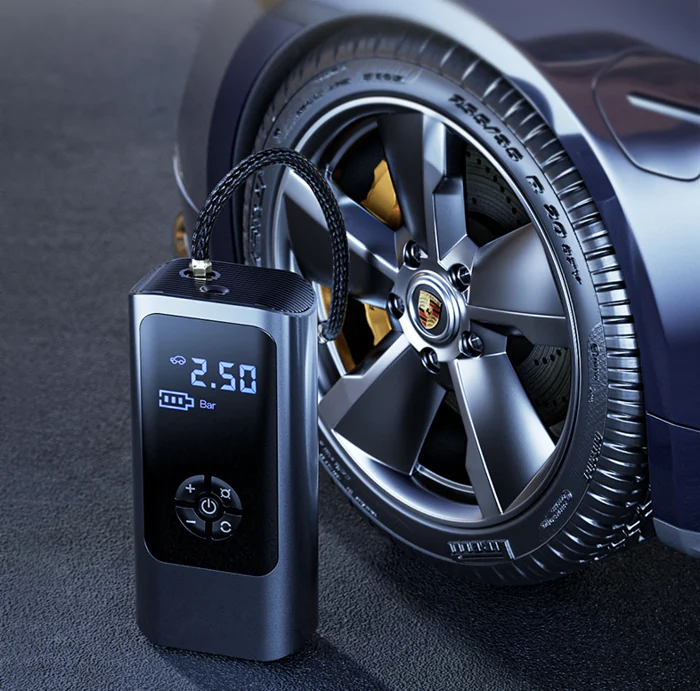 Cordless dual power air compressor & tire inflator. Emergency tool for car maintenance with digital display and auto shutoff.