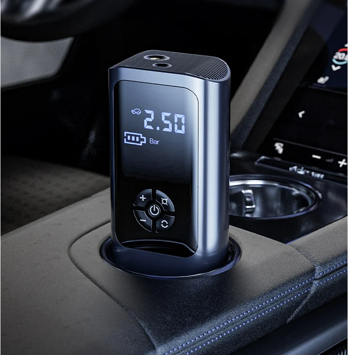 Universal portable tire inflator with dual power. Essential car accessory for bikes & vehicles. Digital display, auto shutoff.