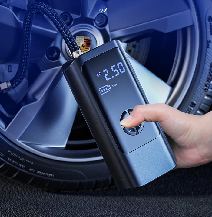 VoltAir dual power portable air compressor. Cordless design for car, bike, & inflatables. Digital display & auto shutoff feature.