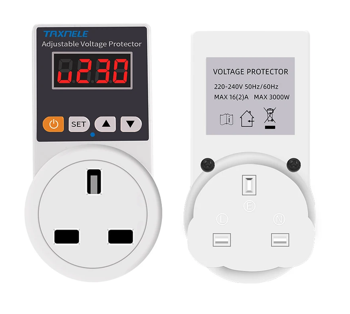 Back of the VoltGuard automatic voltage protector socket, displaying technical specifications