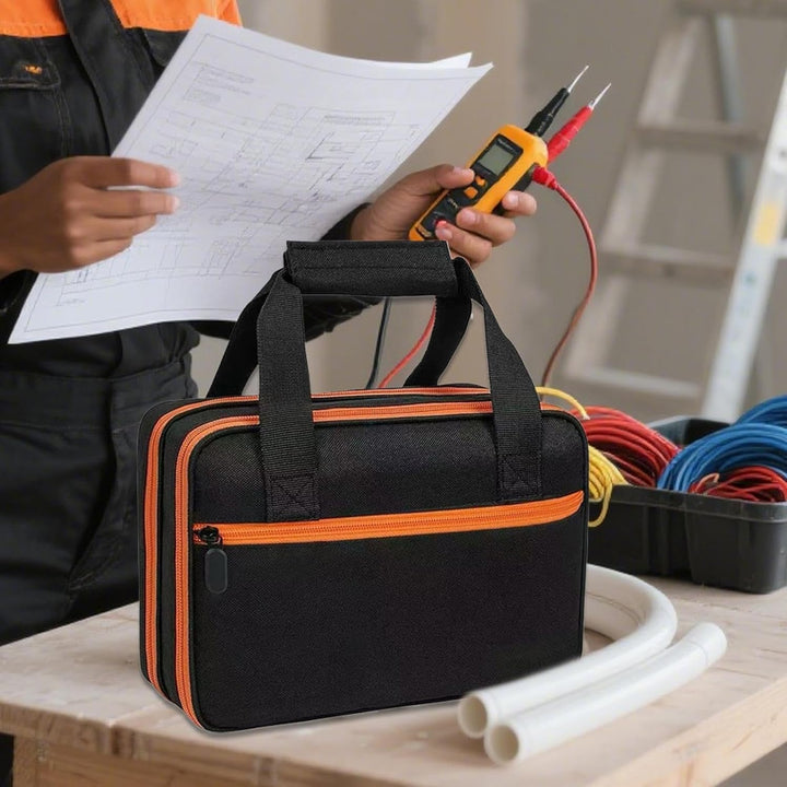 Portable waterproof electrical tester organizer case for technicians, secures voltmeters.