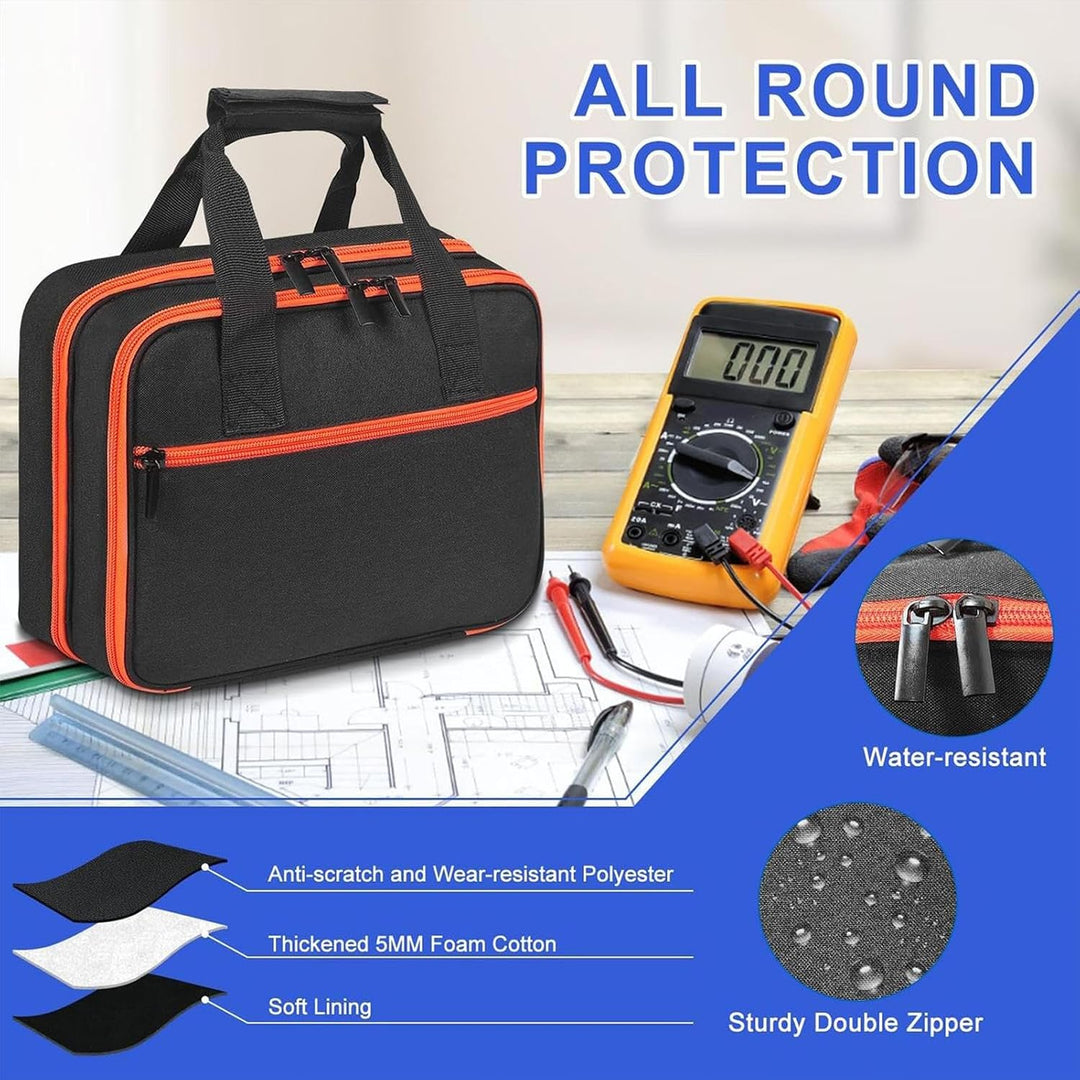 Rugged waterproof electrical tester bag with zipper closure, ideal for field use.