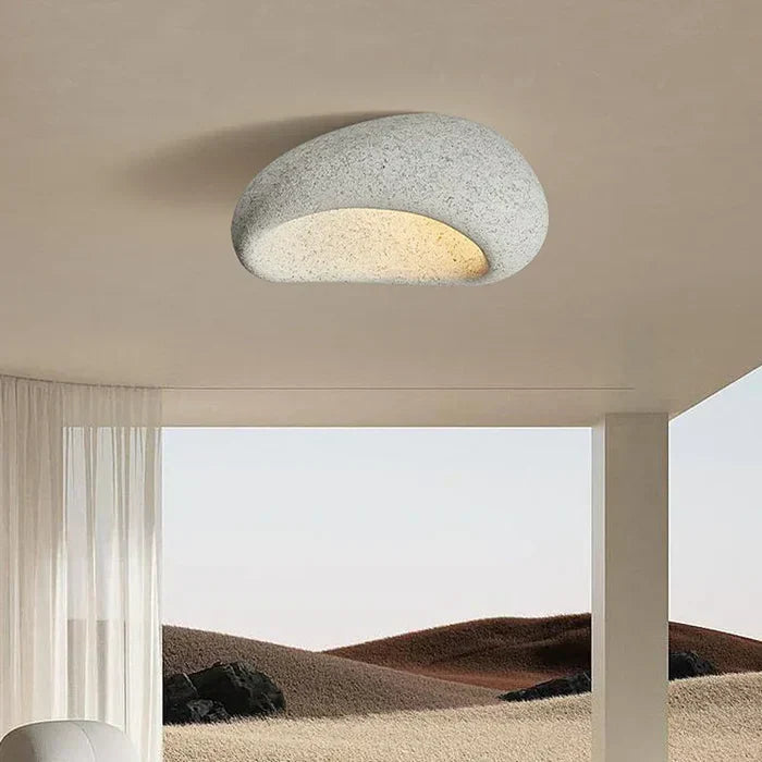 Rustic pendant light fixture, ideal for living room. Natural Wabi Sabi design, ambient lighting.