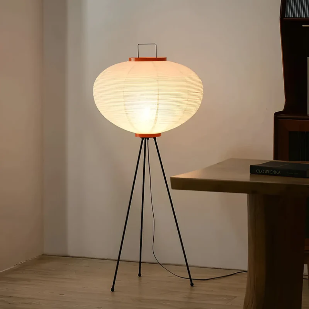 Minimalist Wabi-Sabi Japanese rice paper floor lamp with LED for soft, tranquil ambient home lighting.