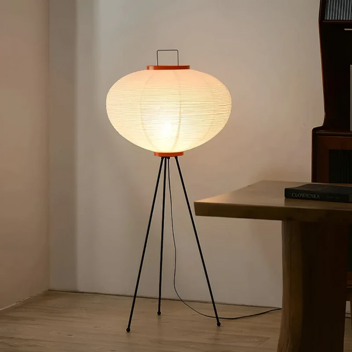 Minimalist Wabi-Sabi Japanese rice paper floor lamp with LED for soft, tranquil ambient home lighting.