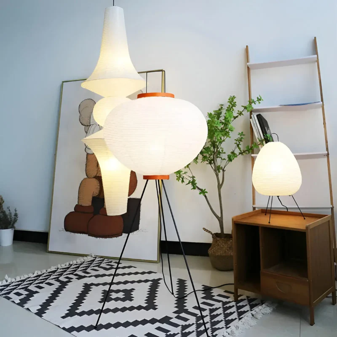 Tranquil LED standing floor lamp, Wabi-Sabi rice paper design, perfect for modern zen home decor & ambient lighting.