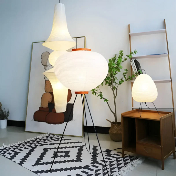 Tranquil LED standing floor lamp, Wabi-Sabi rice paper design, perfect for modern zen home decor & ambient lighting.