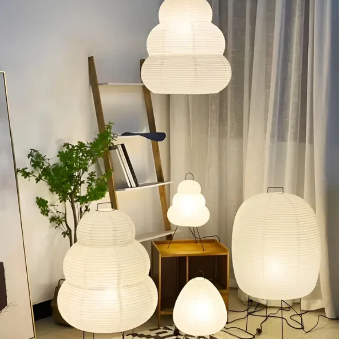 Authentic Japanese rice paper Wabi-Sabi standing floor lamp, LED lit for minimalist, tranquil home decor.