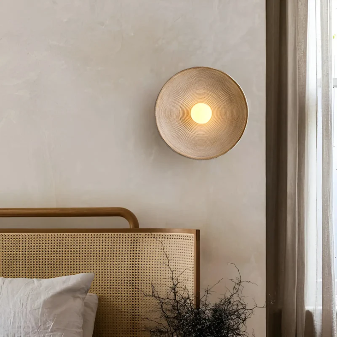 ZenGlow disc Wabi-Sabi wall lamp; a tranquil and modern accent light perfect for elegant home decor.