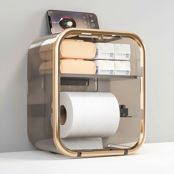 Wall-mounted ABS plastic bathroom organizer with toilet paper holder, space-saving design