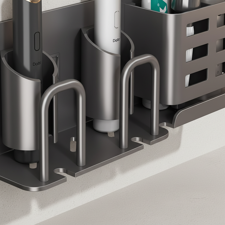 AquaDock aluminum toothbrush holder with adhesive mount, perfect for a tidy, space-saving bathroom