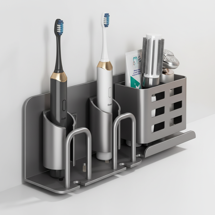 Modern aluminum toothbrush holder AquaDock, wall-mounted to optimize bathroom hygiene and organization