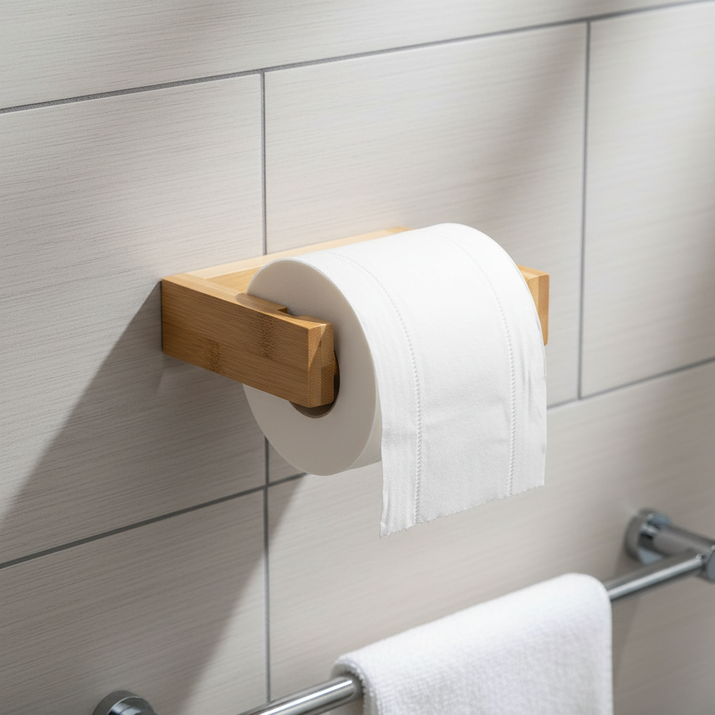 Wall-mounted bamboo toilet paper holder, eco-friendly bathroom organization,drill-free installation