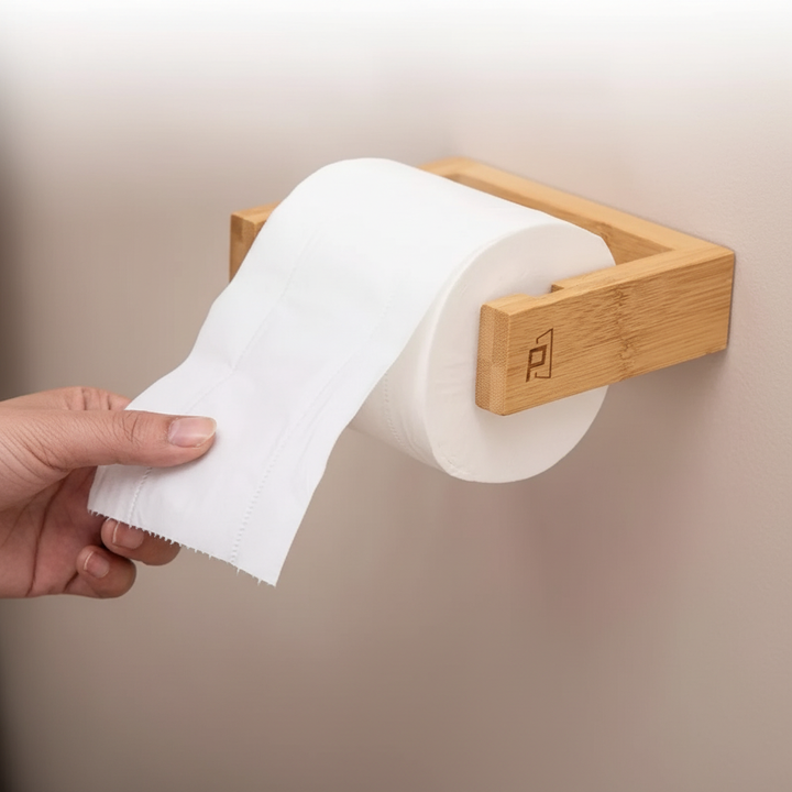 Stylish bamboo toilet paper holder mounted on a bathroom wall, natural home decor