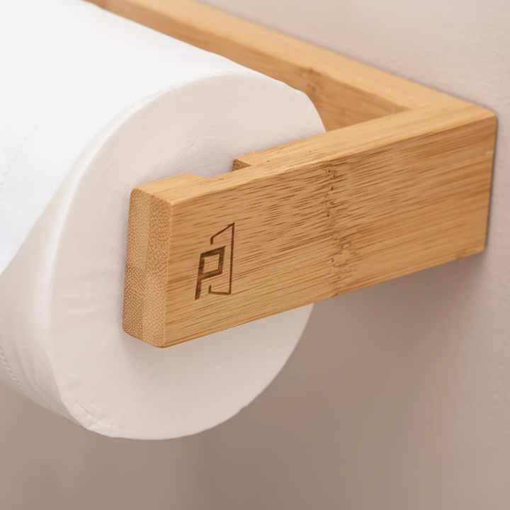 Eco-friendly bamboo toilet paper holder, wall-mounted for bathroom storage, drill-free design
