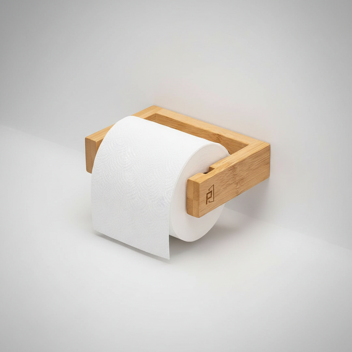 Modern wall-mounted bamboo toilet paper holder, perfect for bathroom organization and decor