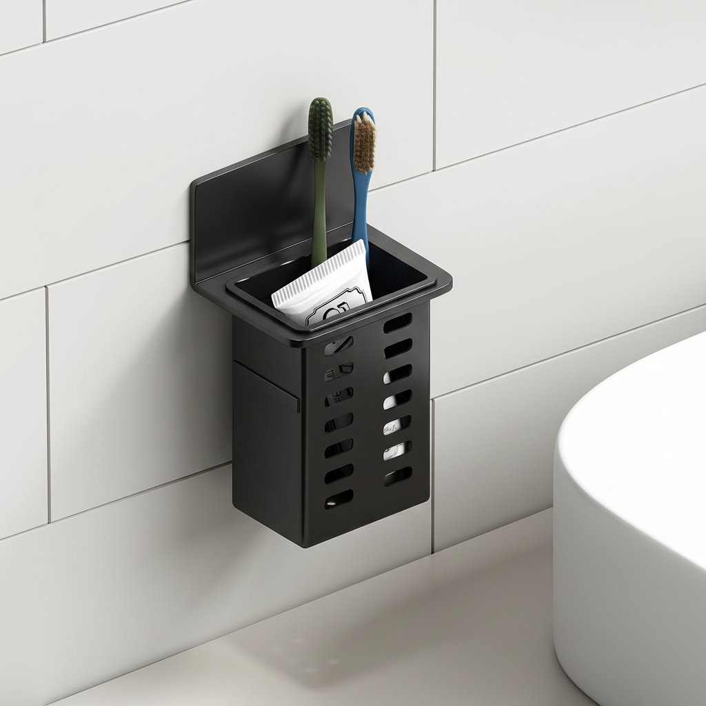 Wall-mounted bathroom storage shelf with adhesive mount for drill-free, space-saving organization