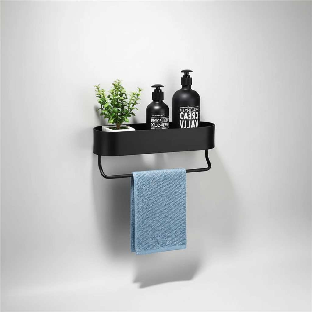 Sleek black metal wall shelf, ideal for bathroom organization, includes integrated towel bar